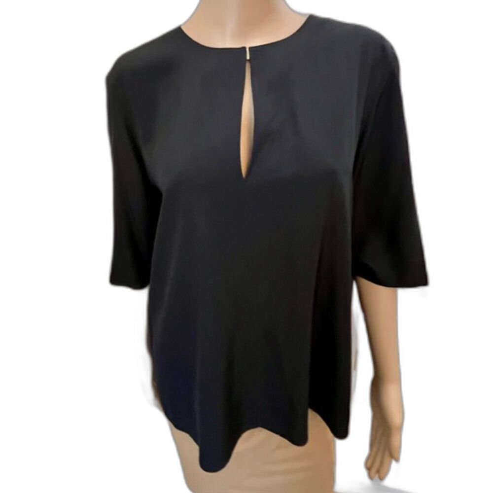 SZ 12 TIBI Luxury Brand 100% Silk Black Blouse Keyhole Opening & Brass Closure